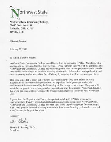 NorthWest State College Letter of Support US DOE Grant HP2g 110mpg V8 E85 Hybrid Electric